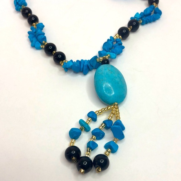 Boho Blue Turquoise And Onyx Gemstone Bead Necklace 28” Long - Picture 2 of 6